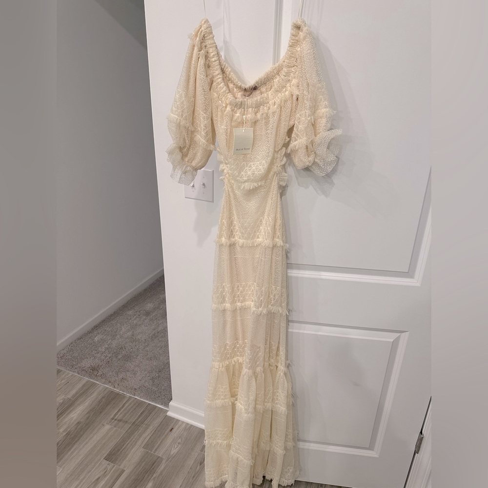 Off the shoulder cream boho tiered maxi dress